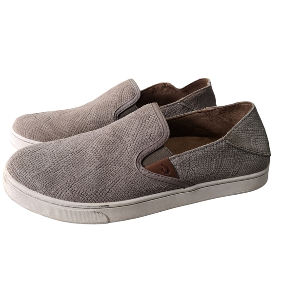 OluKai Pehuea Leather Slip On Drop In Heel Sneakers Snakeskin Tan Size 9 - Picture 1 of 6
